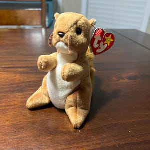 May include: A plush squirrel toy with brown fur, a white belly, and a red heart-shaped tag. The squirrel is in a sitting position on a wooden surface. The tag reads "Beanie Baby".