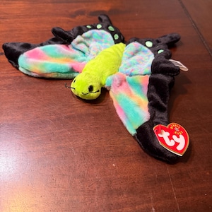 May include: A soft toy butterfly with a green body and wings in rainbow hues. The wings are black with green spots. A red heart-shaped tag is attached to the toy.