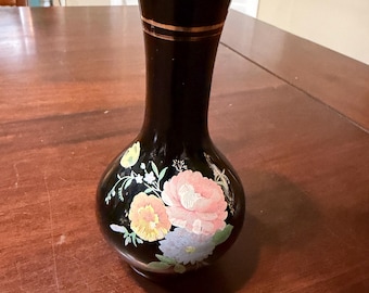 Vintage Black Bud Vase With Gold Trim and Floral Design