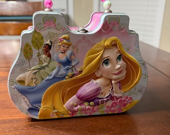 2013 Tin Box Disney Princess Rapunzel Tiana Cinderella Carry Purse