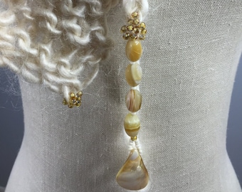 Hand Spun Yearling Yarn Knit Empowerment Stole: Yellow Botswana Agate & Shell Beads