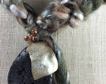 Soft Jewelry Necklace-Gray Black Brown Alpaca Wool Cord holding Lava Rock Bead, Black Tourmaline Beads, Textured Copper Silver Dangles OOAK