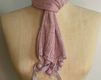 Antique Rose Linen Stole: Hand-Dyed Silk Ribbon & Pink Jade Beads