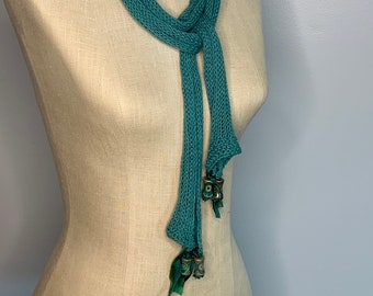 Emerald Cotton Yarn Stole and Hand-Dyed Silk Ribbon with Tibetan Dzi Beads--OOAK Wearable Fiber Art