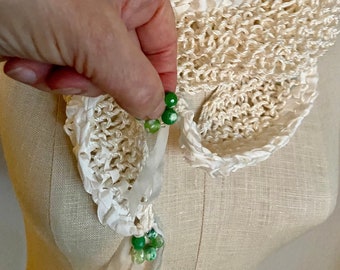 Wrap, Shawl, Scarf, Wearable Fiber Art-Cream Rayon and Cotton Yarn Mantle with Silk Ribbons and Two Green Fire Agate Bead Circles-OOAK
