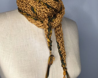 Golden Honey Bamboo Stole with Hand-dyed Silk Ribbons and Gold Chalcedony Teardrop Beads OOAK Accessory Wearable Fiber Art