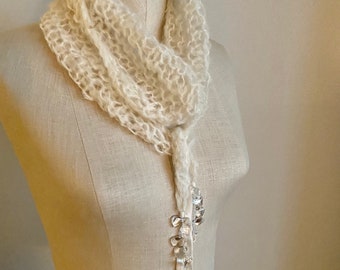 Shawl, Scarf, Wrap, Wearable Fiber Art-Hand Spun Mongolian Cashmere Yarn Wrap with Luminous Quartz Beads and Billowing Silk Ribbons-OOAK