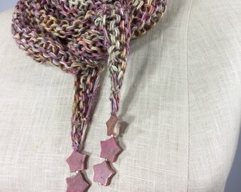 Handknit Alpaca Pima Cotton Stole: Rose Apricot Rhodochrosite Star Beads
