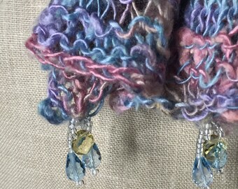Handmade Cotton Linen Knit Stole: London Blue Topaz & Citrine Beaded Fiber Art