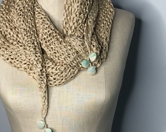 Beige Bamboo Knit Wrap with Soothing Amaznite Teardrops, OOAK, Wearable Fiber Art, Jewelry Shawl