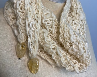 Cream Handspun Wool Wrap Citrine Beads Story Wrap OOAK FiberArt Accessory