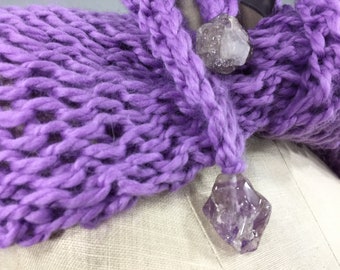 Luscious Lavender Suri Alpaca Yarn Wrap with Amethyst Hunk Beads Story Wrap OOAK Wearable Fiber Art