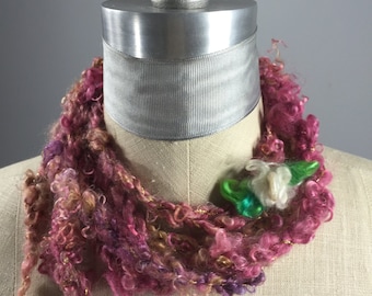 Knit Mohair Cord Necklace Wrap: Rose, Chocolate, Freshwater Pearl, Fiber Art