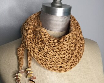 Golden Bamboo Knit Wrap Shawl with Ocean Shells: Wearable Fiber Art