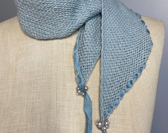 Blue Cashmere Silk Wrap: Hand-Dyed Ribbon & Pearl Scarf
