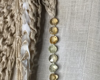 Hand-Dyed Bamboo Yarn Wrap: Silk Ribbon & Citrine, Quartz, Aquamarine Gemstone Beads