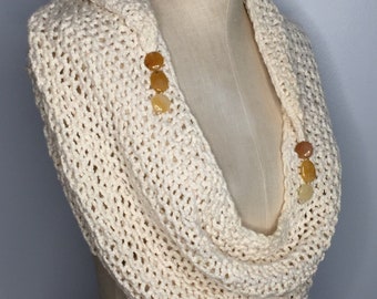 Knit Cream Cotton Yarn Wrap with Golden Citrine Coin Beads OOAK Accessory Story Wrap Wearable Fiber Art