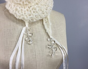Hand Spun Cashmere Knit Wrap: Silk Ribbons & Quartz Beads, Wearable Fiber Art