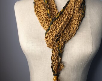 Knit Bamboo Stole: Golden Honey, Hand-Dyed Silk Ribbons, Chalcedony Beads