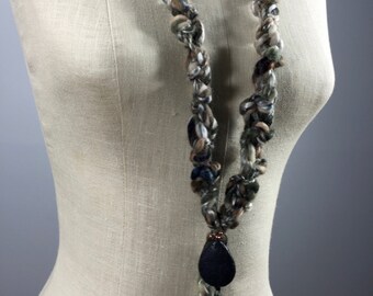 Alpaca Wool Cord Knit Necklace: Lava Rock, Black Tourmaline, Copper Silver Dangles