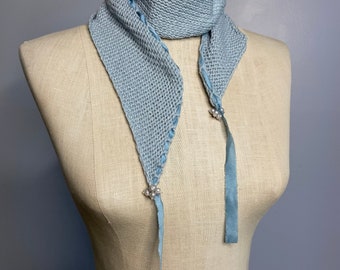 Soft Blue Cashmere and Silk Story Wrap with Looping Hand-dyed Silk Ribbon and Freshwater Pearls, OOAK, Wearable Fiber Art, Jewelry Wrap