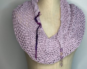 Hand-Dyed Lavender Bamboo Knit Wrap: Silk Ribbon & Ametrine Beads