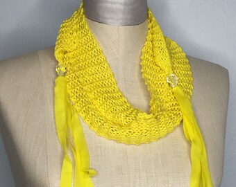 Yellow Knit Cotton Wrap: Hand-Dyed Silk Ribbon, Quartz Beads, Wearable Fiber Art