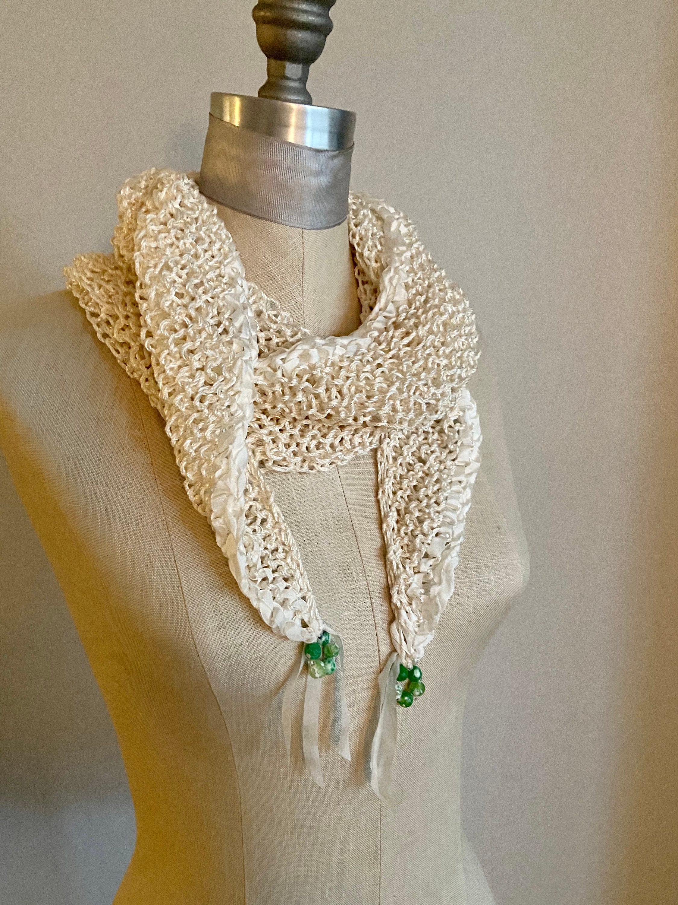 Wearable Ribbon Wrap, Shawl, Scarf, Wearable Fiber Art-cream Rayon and Cotton Yarn ...