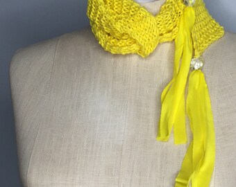 Yellow Knit Cotton Wrap: Hand-Dyed Silk Ribbon, Quartz Beads, Wearable Fiber Art