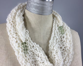 Handknit Natural Handspun Lucious Angora Stole Faceted Green Amethyst Beads, OOAK Accessory, Wearable Art, Story Wrap