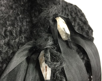 Black Alpaca Knit Story Wrap: Hand-Dyed Silk Ribbons, Rutilated Quartz Beads