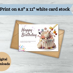 May include: A printable digital card with a colorful birthday cake design. The card says "Happy Birthday" and includes a Bible verse. The card is designed to be printed on 8.5 x 11 inch white card stock.