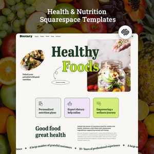 Op de afbeelding: Homepage van een website voor een gezondheids- en voedingsbedrijf genaamd "Dietary". De website heeft een groen-geel kleurenschema en afbeeldingen van gezond voedsel. De tekst "Healthy Foods" wordt weergegeven in grote, vetgedrukte letters. De website bevat ook informatie over gepersonaliseerde voedingsplannen, deskundige voedingshulp online en het empoweren van een wellnessreis.
