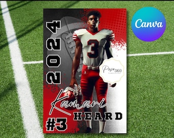 May include: A red and black football banner with the text "2024" in white, "#3" in white, "Kamari Heard" in white, and "Pose360" in white. The banner features a football player in a red and white jersey holding a football.