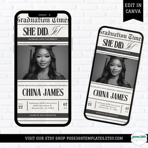 May include: A black and white graduation announcement with a newspaper design. The announcement says "Graduation Time She Did It!" and features a photo of a graduate in a cap and gown. The announcement includes the graduate's name, the date and time of the graduation ceremony, and the name of the university.