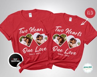 Custom Photo Couples T-Shirt, Two Hearts One Love, Anniversary Gift