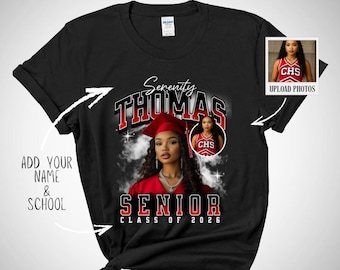 Camiseta de graduación de 2026 con foto personalizada, nombre y escuela.