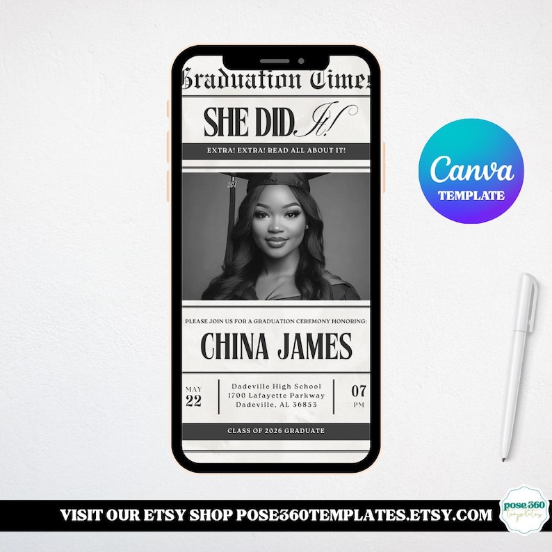 Graduation Newspaper Invitation Template: Digital Announcement (Canva) image 1