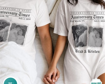 Personalized Anniversary T-Shirt, Custom Newspaper Print Couples Tee, Matching Anniversary Shirts, Retro Photo Collage Marriage Gift