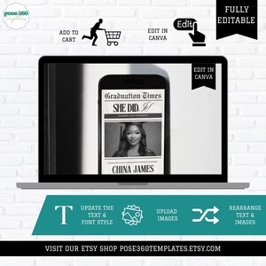 May include: A black and white digital image of a graduation announcement on a smartphone screen. The announcement has a newspaper design with the headline "Graduation Times" and the text "She Did It!" The announcement also includes a photo of a woman in a graduation cap and gown, and the text "China James".