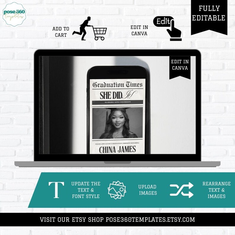 May include: A black and white digital image of a graduation announcement on a smartphone screen. The announcement has a newspaper design with the headline "Graduation Times" and the text "She Did It!" The announcement also includes a photo of a woman in a graduation cap and gown, and the text "China James".