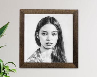 Custom Drawing Wood Frame Portrait, Printed Sketch from Photo, Ceremonial Wall Art, Framed Memorial Gift, Tribute Photo Art, for Dad/Mom
