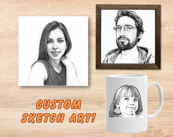 Custom Photo Sketch Art, Framed Pencil Portrait, Printed Canvas, Family Portrait, Memorial Gift, Couple Photo, Custom Mug, for Dad/Mom
