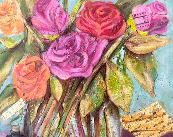 Roses mixed media “Extraordinary” bouquet flower painting original 11X14 acrylic on canvas Free shipping