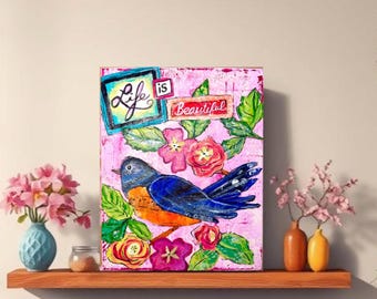Bluebird Acrylic Painting: Floral Mixed Media Art on Canvas