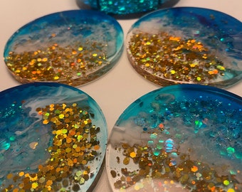 Coasters set of 4 with Holder, Glittery clear ocean and earth Inspired