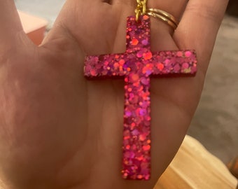 Keychain Pink Glittery Handmade Resin Cross Keychain