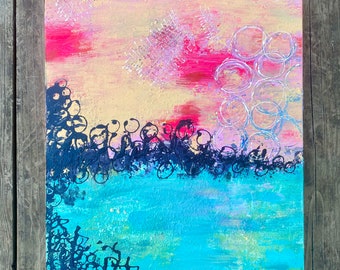 Original abstract mixed media painting acrylic bright colorful 12x16x.75canvas . “Elements”