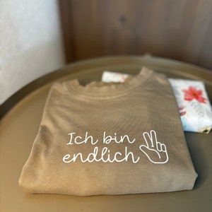 Puede incluir: Una sudadera marrón con el texto "Ich bin endlich" y un gráfico de signo de paz blanco.