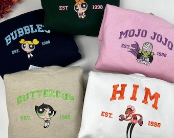 Powerpuffpinglorna broderad tröja, Blossom Bubbles Buttercup Mojo Jojo-tröja, 1998 tecknad rund hals, retro 90-tals anime-fangåva